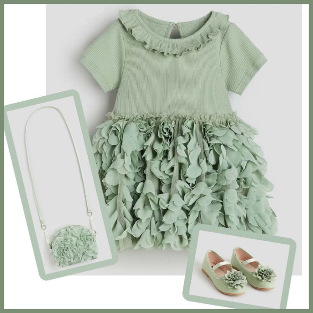 H & M 3Pc Mint Green Ruffly Dress, Shoes and Purse- Sz3T- Shoes- 7.5